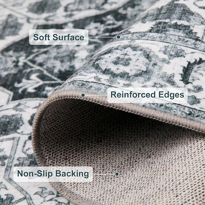 WILLSUN Washable Area Rugs, 9x12 Non-Slip Boho Large Area Rugs for Living Room, Bedroom, Machine Washable Vintage Rug, Indoor Floral Print Carpet for Home Decor, Kid & Pet Friendly Mat