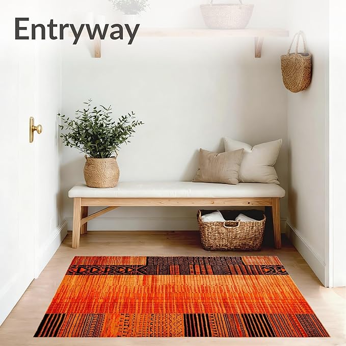 Flatwoven High Traffic Area Rug 4x6, Burnt Orange Copper Fiery Abstract Shape Floor, Non Slip, Stain Resistant, Washable Area Rugs for Living Room, Bedroom (Orange, 4x6)