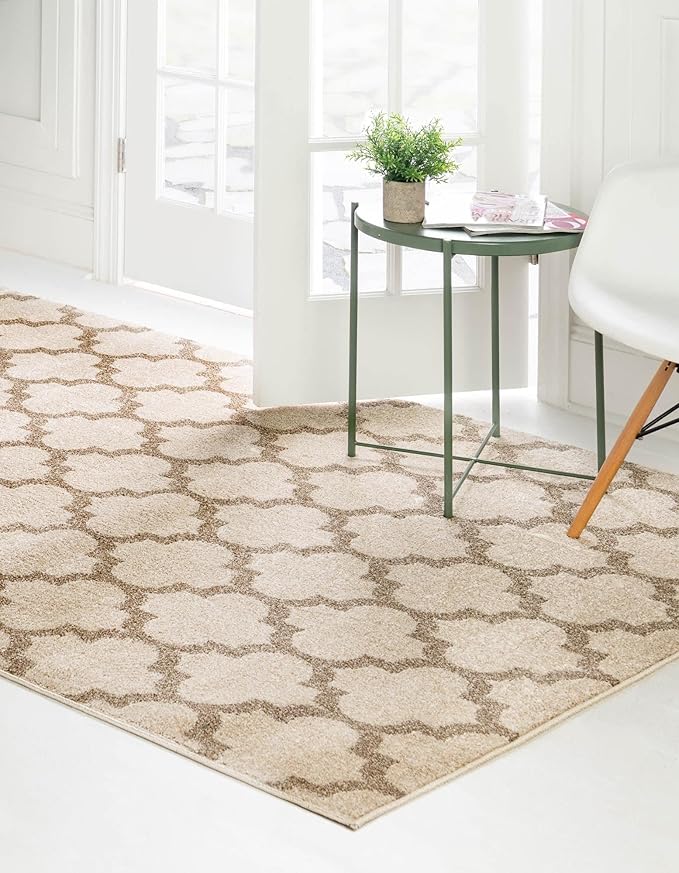 Rugs.com Lattice Collection Rug – 7' x 10' Beige Medium Rug Perfect for Bedrooms, Dining Rooms, Living Rooms