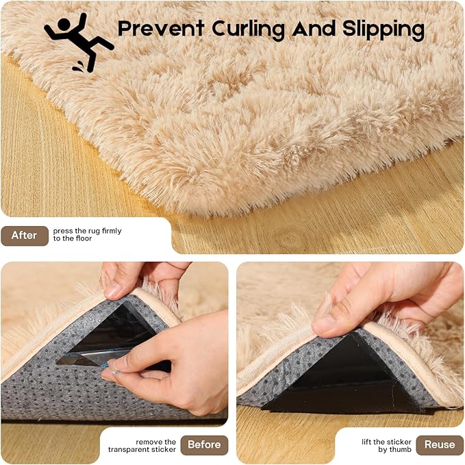 3x5 Light Tan Rugs for Bedroom Living Room, Fluffy Small Area Rug Soft Shag Carpet for Kids Boys and Girls Room with 4 Rugs Non-Slip Stickers Dorm Home Decor (3ft x 5ft)