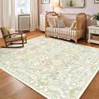 Washable Sage Green Living Room Area Rug 6x9, Boho Botanical Area Rug for Bedroom, Kitchen Table, Nursery, Home Office - Low Pile Non-Slip Vintage Carpet - Soft Farmhouse Accent Mat