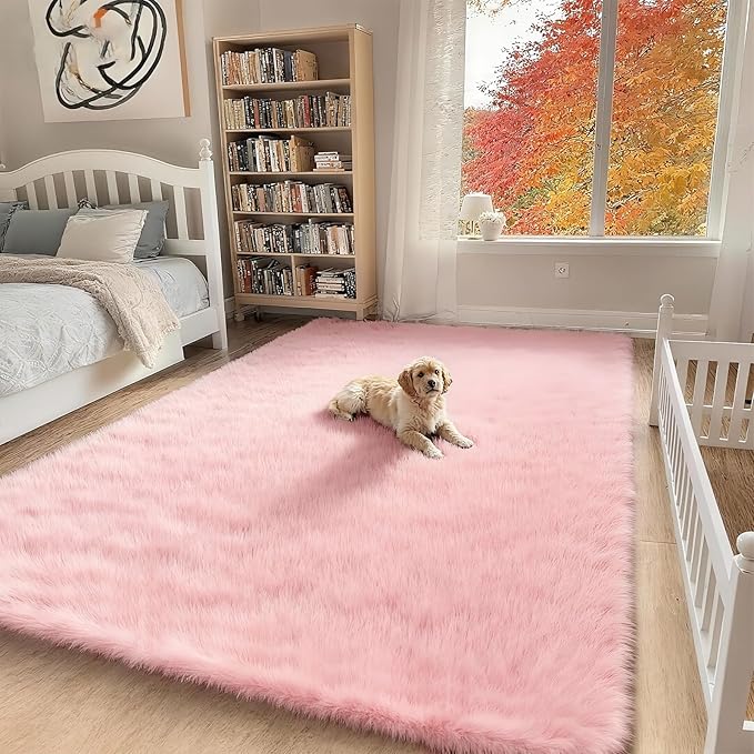 5x7 Solid Fluffy Pink Area Rug – Washable, Durable,Large Living Room Rug, Non-Slip High Pile Shag Rugs for Bedroom, Bedside, Dorms, Nursery Rooms, Kids Room, Soft Indoor Floor Carpet Decor