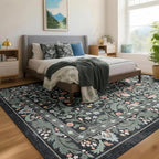 Dark Green Floral 5x7 Area Rugs for Living Room Large Washable Rug Vintage Forest Low Pile Non Slip Stain Resistance Soft Carpet for Dining Room, Bedroom, Office Rug, Kids Room, Nursery Room, Playroom