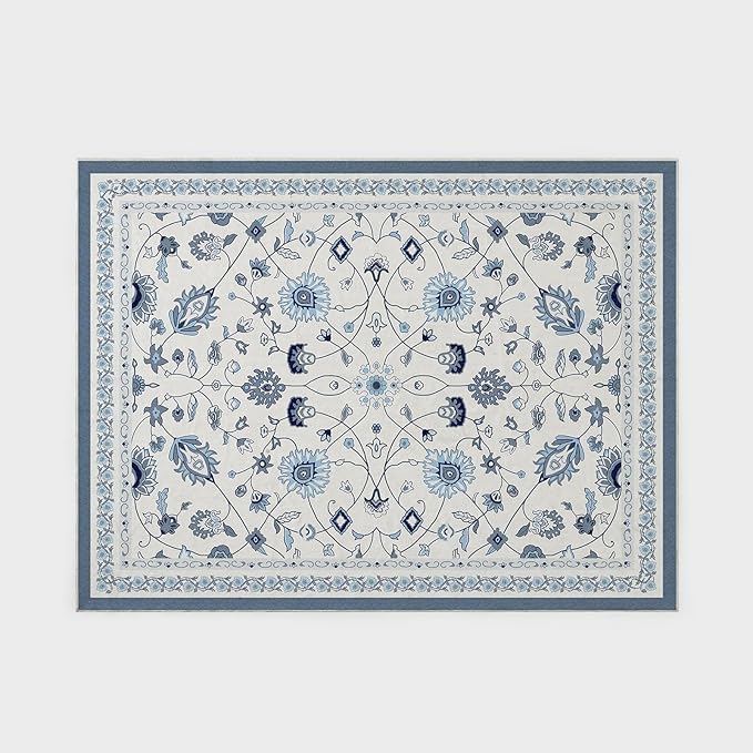 EVERGRACE Area Rugs for Living Room 9x12, Boho Floral Faux Wool Indoor Outdoor Rugs, Washable Rugs for Bedroom Dining Room Entryway Kitchen, Low Pile Floor Mat Carpet for Home Decor, Porcelain Blue