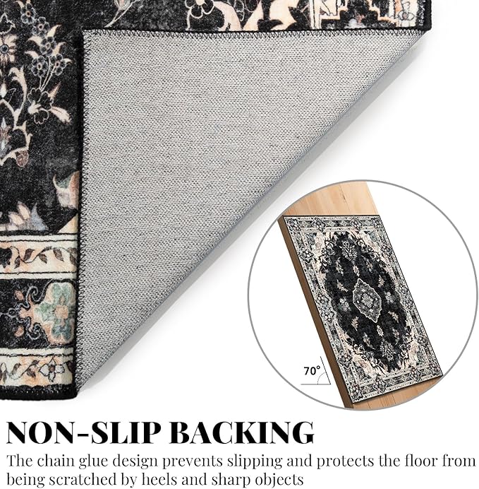 MUJOO Hallway Runner Rug 2'x8' Black,Long Boho Rug Runners Washable Non Slip Carpet for Entryway Kitchen Bathroom Bedside,Vintage Bohemian Distressed Farmhouse Non Slip Carpet,Floral