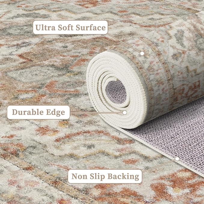 Enkor Runner Rugs for Hallway, 2.6x13 Washable Soft Boho Non Slip Floor Rugs for Kitchen, Modern Mat for Living Room Bedroom Entryway Beige & Orange