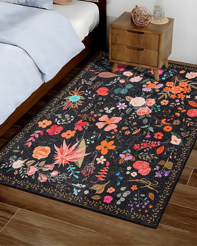 Boho Washable Area Rug 4x6 – Floral Low Pile Non-Slip Carpet for Living Room, Bedroom, Office, Playroom, Entryway, Kitchen, Dining Room (Black)