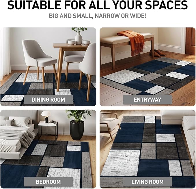 Rugshop Modern Geometric Boxes Navy Area Rug, Non-Shedding Carpet for Living Room, Bedroom, or Dining Room, 5'3" x 7'3"