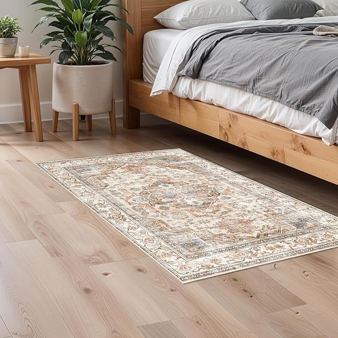 Enkor Area Soft Rugs 2x3 Washable Non Slip Boho Small Floor Entryway Rugs for Hallway, Vintage Style Farmhouse Mat for Kitchen Beige & Brown