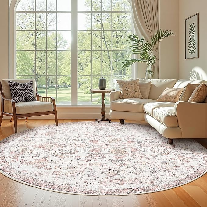 jinchan Kalen Round Rug 8ft Area Rug Washable Vintage Indoor Retro Accent Floor Cover Distressed Floral 8' Round Circle Boho Non Slip Thin Carpet for Living Room Dining Room Bedroom Kitchen Red