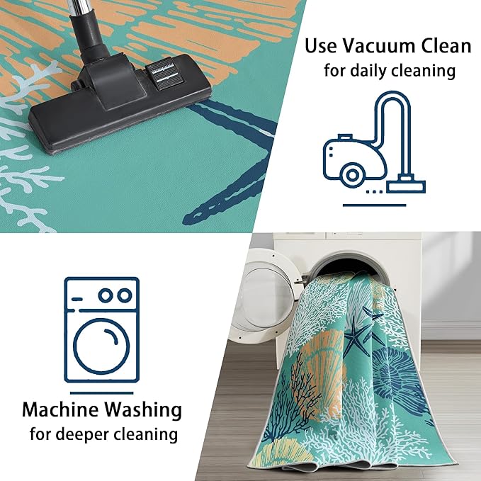 Tritard Coastal Runner Rug Nautical Hallway Rugs Beach Themed Non-Slip Machine Washable Rugs Modern Floor Carpet for Living Room Bedroom, 2x6, Teal and Turquoise