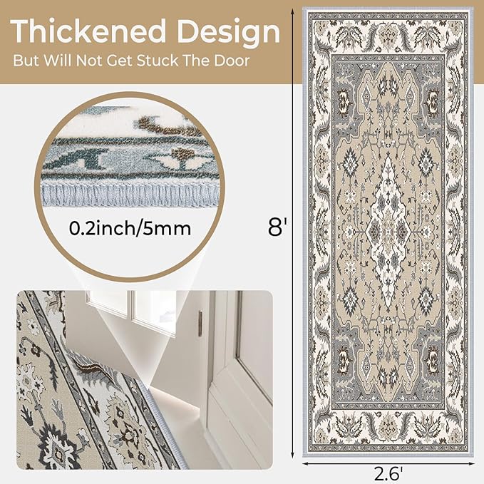 Kitchen Runner Rug Non-Slip Hallway Runner Rugs, 2.6 x 8ft Faux Wool Carpet Vintage Washable Area Rugs Runner with Rubber Backing for Hallway, Kitchen, Entryway, Living Room, Bedroom, Laundry