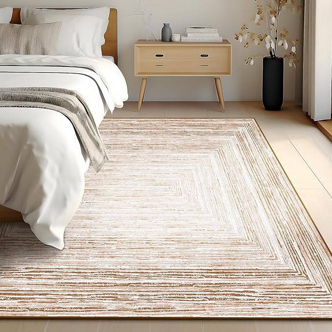 Phantoscope Washable Area Rug 5'x7' Non-Slip, Modern Neutral Boho Rugs for Living Room, Bedroom, Dining Room, Distressed Geometric Rectangle Pattern, Low-Pile Foldable Floor Carpet, Neutral Beige/Rust