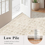 Washable Area Rug 5x7 Beige Rugs for Living Room, Vintage Boho Large Rug for Bedroom Dining Room Office, Distressed Floral Print Carpet for Under Table, Soft Non Slip Low Pile Throw Carpet Indoor Mat