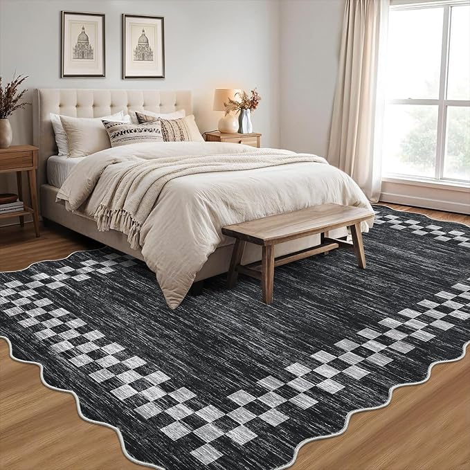 GarveeHome 4x6 Area Rug Small Washable Living Room Rug Scalloped Rug with Rubber Backing Stain Resistant Low Pile Dining Room Throw Carpet Modern Bordered Mat for Bedroom Kitchen, Grey
