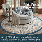 jinchan Elora 6ft Floral Round Rug for Dining Room Washable Living Room Rug Vintage Romance Design Non Slip Indoor Floor Cover Lightweight Low-Profile Throw Carpet for Bedroom Porch Patio, Blue/Beige