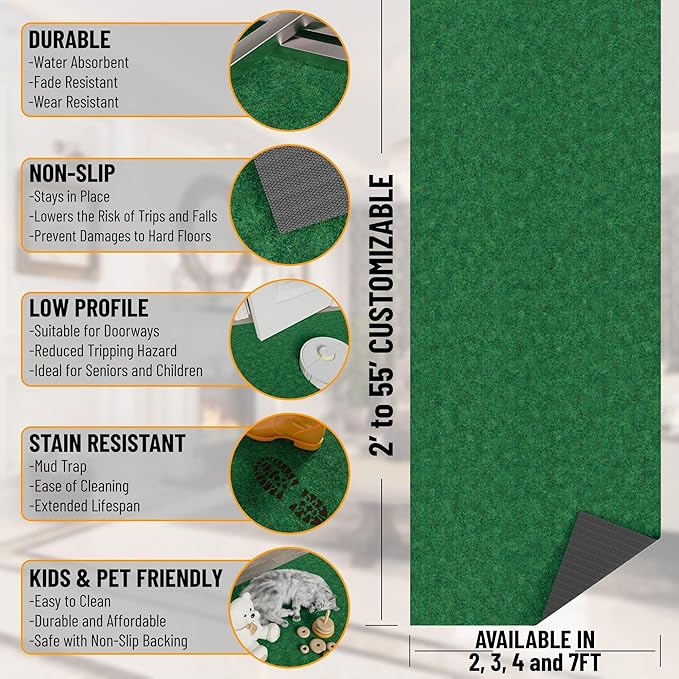 Ottomanson 2' x 14' Hallway Runner with Scraper Pile Extra Durable Non-Slip Rug Mat for Indoor & Outdoor Use - Ideal for Kitchen, Entryway, Patio & Garage - High-Traffic Carpet, Green