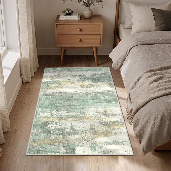 GENIMO 3x5 Rug for Entryway Washable Area Rug, Modern Abstract Small Rugs for Entrance Living Room, Bedroom Beside Rugs, Non-Slip Low Pile Lightweight Soft Carpet, Light Green