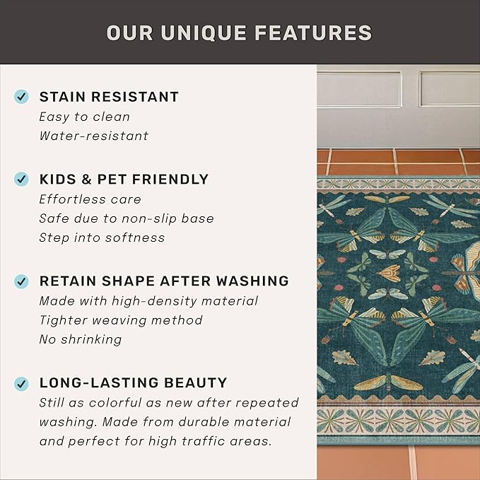 Emerald Green Entry Rugs for Inside House - 2x4 Kitchen Rugs Non Slip for Bathroom, Powder Room, Vintage Unique Colorful Décor, Washable Stain & Fade Resistant