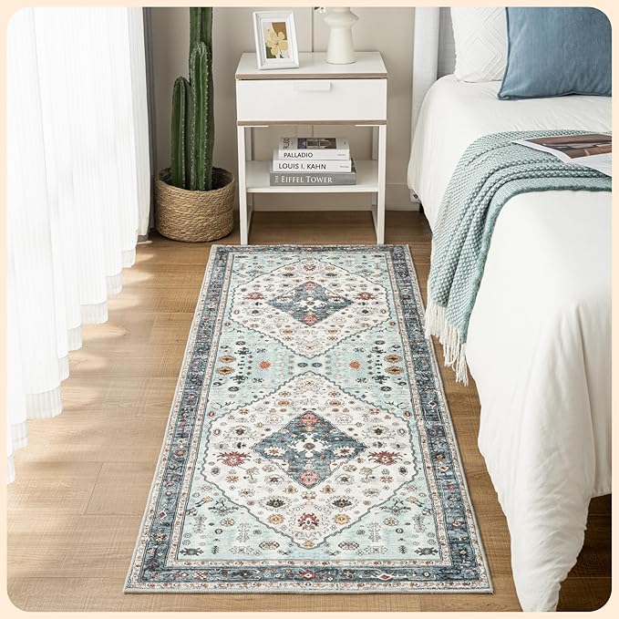 Istana Hallway Runner Rug 2.5x8 – White Cream/Blue Entryway Rug -Silk's Soft Touch Runners for Hallways - Stylish Kitchen Runner Rug Non Slip