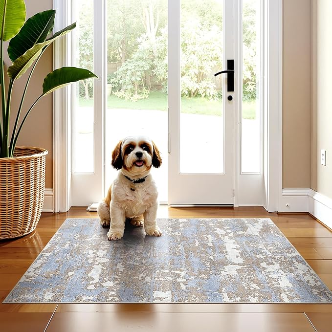 WITSHOCK 2x3 Washable Entry Rug: Blue Small Rugs for Entryway Kitchen Bathroom Door Mat Indoor Entrance, Non Slip Rubber Backing, Stain & Fade Resistant, Neutral Modern Abstract Decor