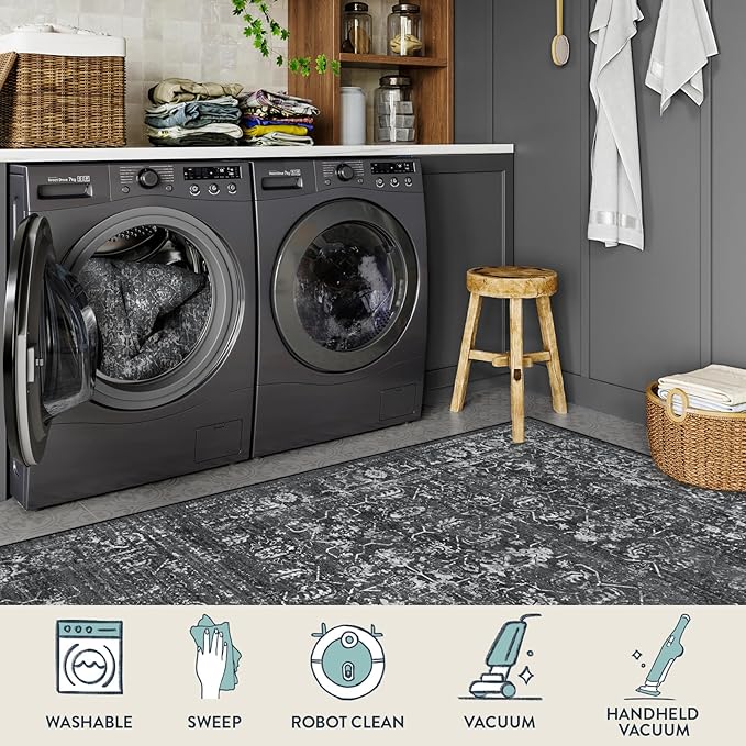 Lahome 8x10 Area Rugs for Living Room Washable Rugs 8x10 Black Large Rug Indoor Carpet, Vintage Distressed Rug Soft Non Slip Area Rug for Bedroom Dining Room Home Office(8 x 10, Black/Grey)