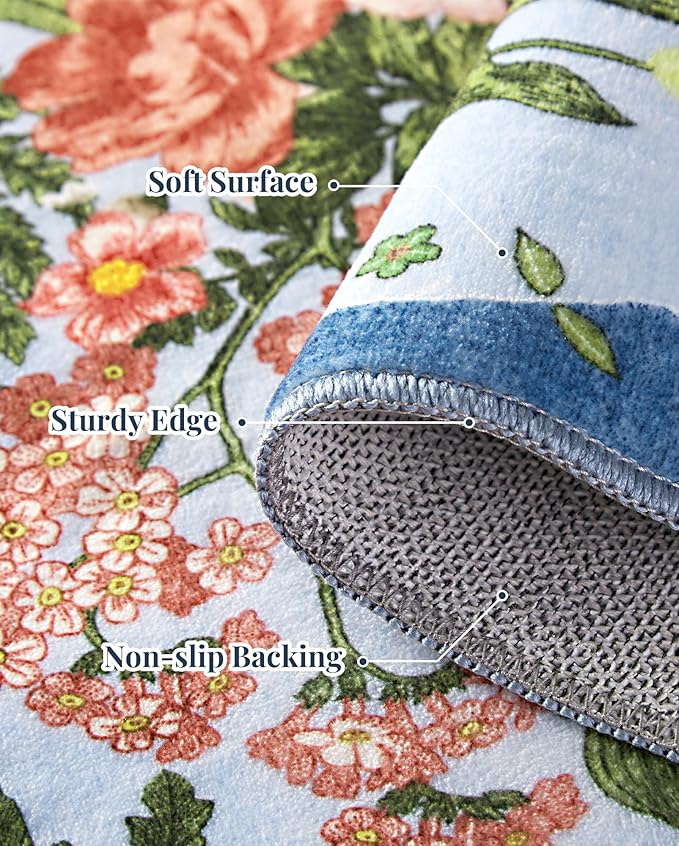Floral Rugs for Living Room - 9x12 Soft Washable Area Rug Stain Resistant Ultra-Thin Non-Slip Low Pile Farmhouse Vintage Large Carpet for Bedroom Dining Room Nursery Home Office Decor, Blue