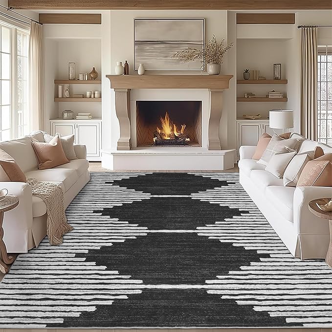 HelloTree Area Rug for Living Room 9x12 Washable Geometric Moroccan Rug Stripe Farmhouse Bohemian Minimalistic Non Slip Non Shedding Ultra Thin Soft Rug for Bedroom Office DiningRoom Nursery-Black