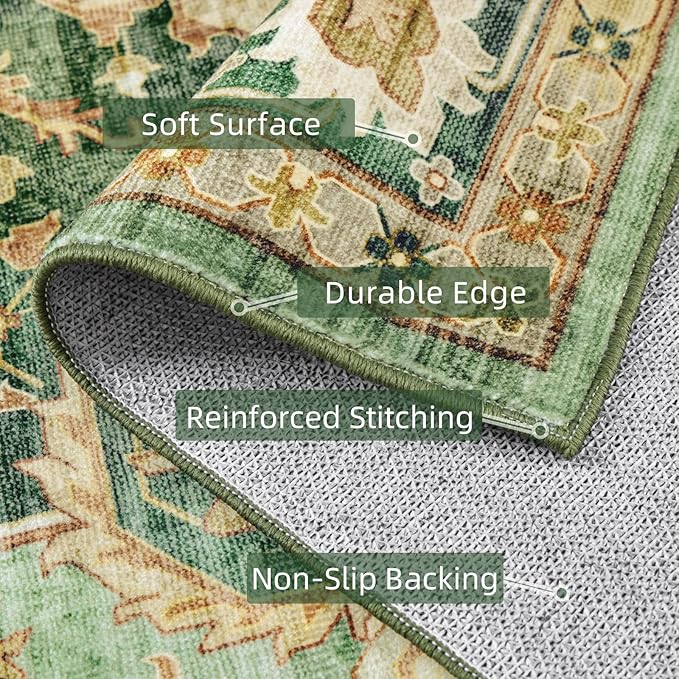 Green Runner Rugs 2x10 Boho Small Washable Area Rugs for Entryway Bathroom Kitchen, Long Rugs for Hallway Soft Low Pile Non-Slip Rubber Backing Oriental
