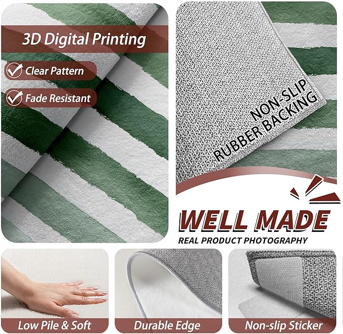 Striped Rug for Entryway Indoor - 3x4ft - Green and White Stripe Minimalist Watercolor Washable Non Slip Low Pile Small Rug for Bedroom, Striped Carpets Room Decor & Gifts