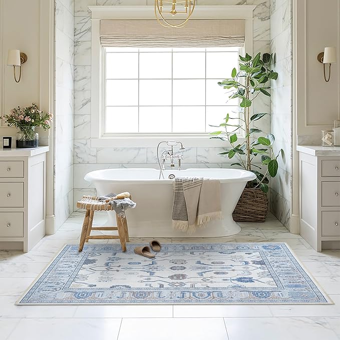 Fame Living Cream Blue Oushak Rug, Modern, Vintage, Turkish, Eclectic, Floral, Pastel, Washable, Oversized, Extra Large Area Rugs for Living Room, Dining, Bedroom, Lounge 9'5"x14'