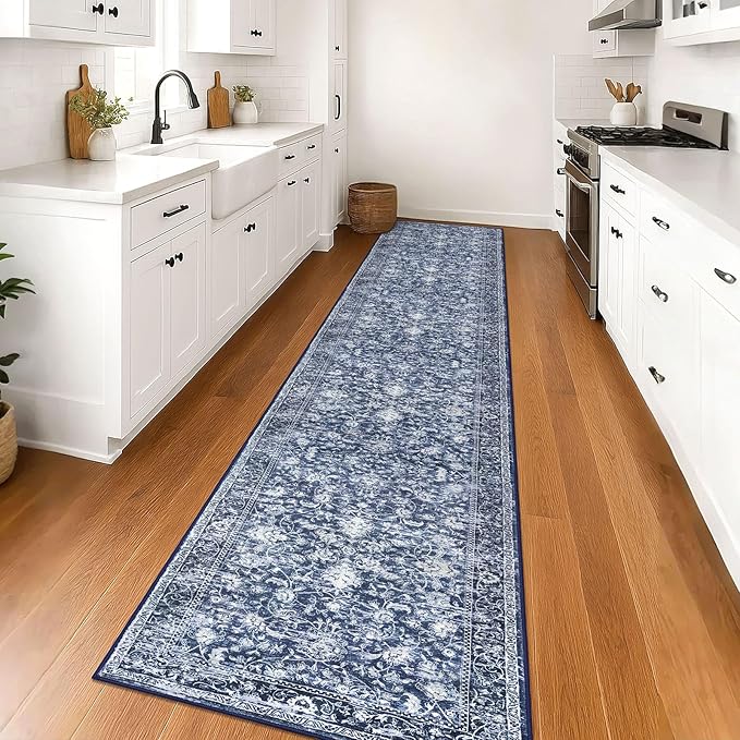 KILOCOCO Runner for Hallway 2.6x16 Runner Rug Printed Vintage Floral Washable Rug Kitchen Runners Soft Non-Slip Low Pile Hallway Runners Laundry Room Distressed Boho Rugs, Blue