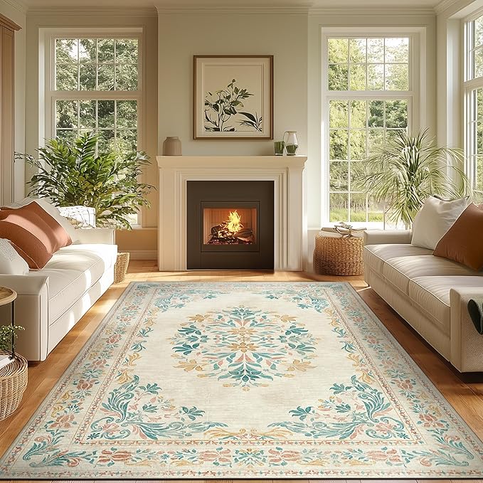 jinchan Vintage Floral 6x9 Area Rugs for Living Room - Machine Washable Distressed Design Soft Throw Rug Ultra-Thin Non-Slip Large Carpet for Bedroom Nursery Dining Room Home Office (6x9ft, Apricot)