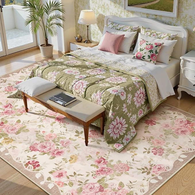 Lahome Floral Washable Rugs 9x12, Large Area Rugs 9x12 Living Room,Soft Non-Slip Thin Vintage Boho Bedroom Carpet for Dining Room Playroom Nursery Farmhouse, Beige/Pink/Multi