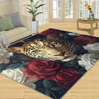 Leopard Rugs for Bedroom - 6x9 Area Rug - Flowers Leopard Rugs for Living Room, 3D Flowers Animal Rug, Washable Home Decor Carpet