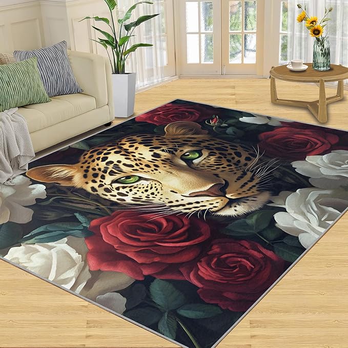 Leopard Rugs for Bedroom - 4x6 Area Rug - Flowers Leopard Rugs for Living Room, 3D Flowers Animal Rug, Washable Home Decor Carpet