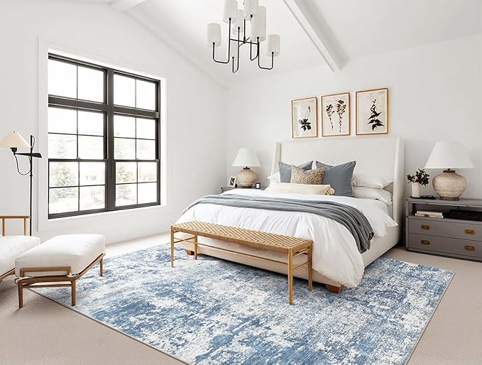 6x9 Area Rug Living Room Rugs - Washable Neutral Modern Abstract Soft Thin Rug Indoor Floor No Slip Rug Carpet for Bedroom Under Dining Table Home Office Decor - Blue White