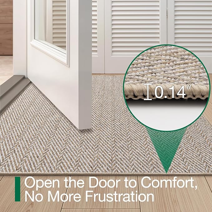 LUMI Ultra Thin Indoor Door Mat for Entrance 32"x48", Non Slip Entryway Mat, Low Profile Doormat, Unique Herringbone Design Carpet for Inside, Patio, Porch, Beige
