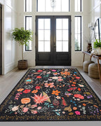 Boho Washable Area Rug 6x9 for Living Room, Bedroom, Office, Playroom, Kitchen or Dining Room, Soft Floral Carpet for Indoor Use, Easy Care Non-Slip Design (Black)