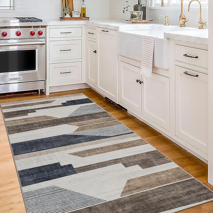 ReaLife Rugs Machine Washable Area Rug Runner - Living Room Bedroom Bathroom Kitchen Entryway Office - Non-Slip Baking Low Pile Stain Resistant Premium - Modern Geometric - Theo - Beige 2'6" x 6'