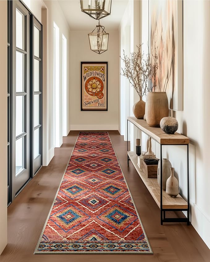 Area Rug 2x8 Rug Machine Washable Non-Slip Low Pile Print Pattern Western Rug for Living Room Bedroom Entryway Tribal Series -Red/Orange