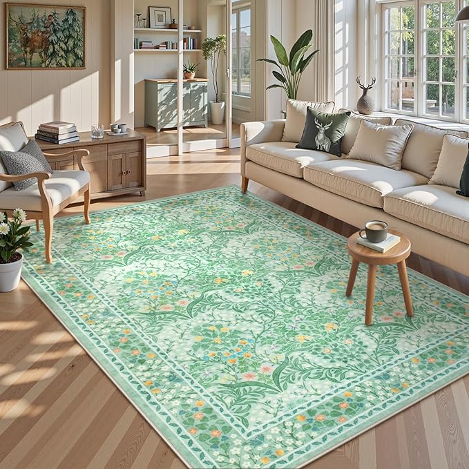 Lahome Floral Washable Area Rugs 5x7, Soft Green Rugs for Living Room Bedroom, Boho Non Slip Low Pile Forest Stain Resistance Large Throw Carpet for Farmhouse Dining Room Office,Sage Green