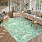 Lahome Floral Washable Area Rugs 5x7, Soft Green Rugs for Living Room Bedroom, Boho Non Slip Low Pile Forest Stain Resistance Large Throw Carpet for Farmhouse Dining Room Office,Sage Green