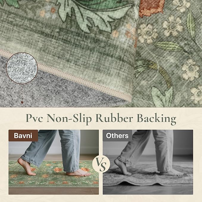 Bavni 5x7 Area Rugs for Living Room, Microfiber Machine Washable Non-Slip Vintage Floral Rug, Low Pile Lightweight Carpet for Bedroom, Dining Room, Home Office, Bean Green