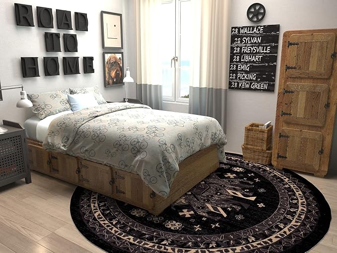 Unique Loom Taftan Collection Border Geometric Tribal Inspired Design Area Rug (8' 0 x 8' 0 Round, Black/ Gray)