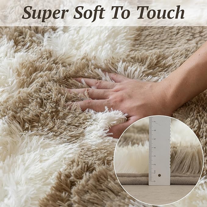 8x10 Area Rugs for Living Room Bedroom, Soft Fluffy Shaggy Bedside Rug, Indoor Floor Carpet for Kids Playroom, Dorms, Nursery Rooms, Home Decor (Camel & White 8'x10')