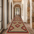 Brown Base Red Black Diamond Runner Rug, 4x10ft Zigzag Pattern Hallway Runner Rug, Corridor & Foyer High-Traffic Area Rugs, Durable Flannel Carpet Non-Slip Mat, Southwestern Home Decor