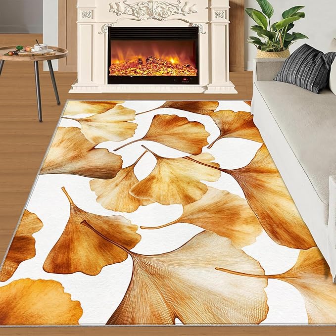 Golden Leaf Rugs for Bedroom - 6x8 Area Rug - 3D Ginkgo Leaf Rugs for Living Room, Modern Simple Art Rug, Non-Slip Washable Home Decor Carpet