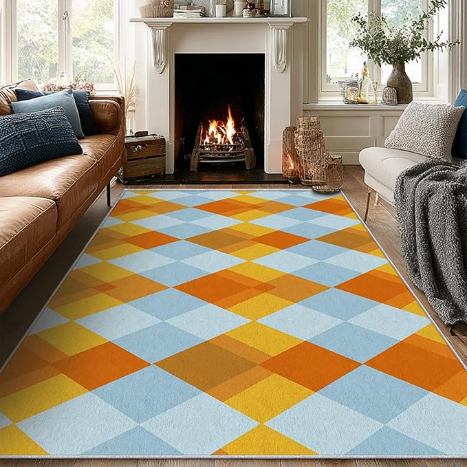 Washable 6x6 Diamond Rug Living Room, Geometric Orange and Blue Plaid Design Area Rugs for Bedroom, Diamond Home Decor Carpet, Low Pile, Non Slip, Kids & Pet Friendly (N4144)
