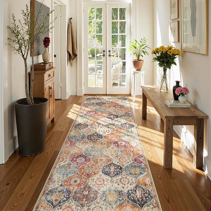 Lahome Moroccan Trellis Washable Runner Rug, 2x6 Kitchen Runners for Hallways 6 Feet Non Slip, Vintage Laundry Room Rug Ultra-Thin Long Carpet for Bathroom Bedroom Entryway, Cream/Multi